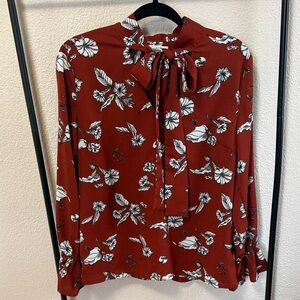 Mud Pie Dark Red-Orange Floral Blouse with Bow Tie